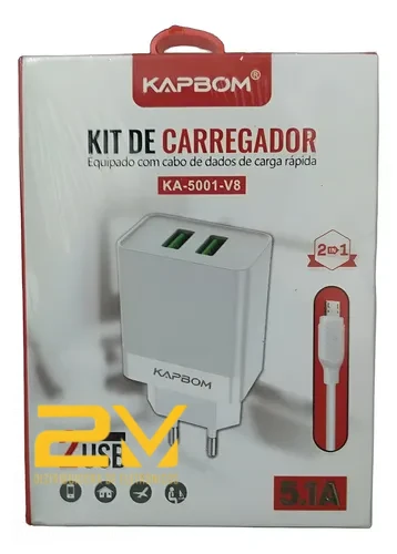 Kit Carregador 2 Usb Ka-5001 V8 Kapbom 5.1a Cor Branco